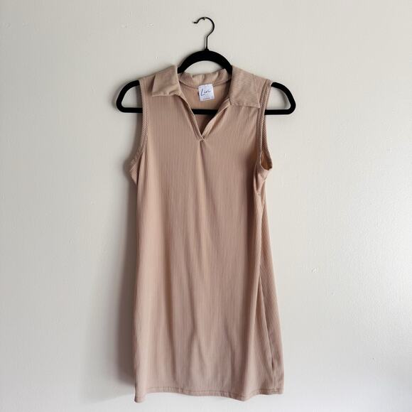 Livi Tan Beige Sleeveless Ribbed Collared V Neck Mini Dress - Large - Picture 5 of 5